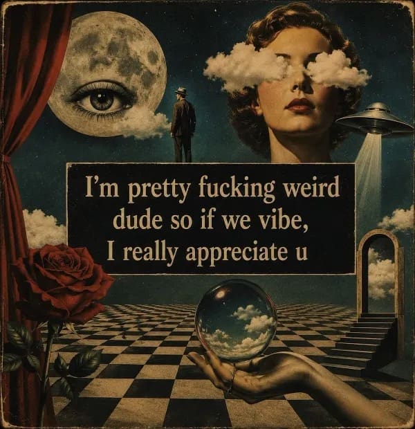 Surrealist vintage collage featuring an eye moon, a UFO, and a crystal ball, captioned with genuine appreciation for weird friends in a meme dump.