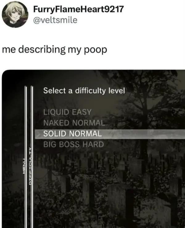 Metal Gear Solid difficulty selection menu edit mapping digestive health to 'Liquid Easy', 'Solid Normal', and 'Big Boss Hard' in a meme dump.