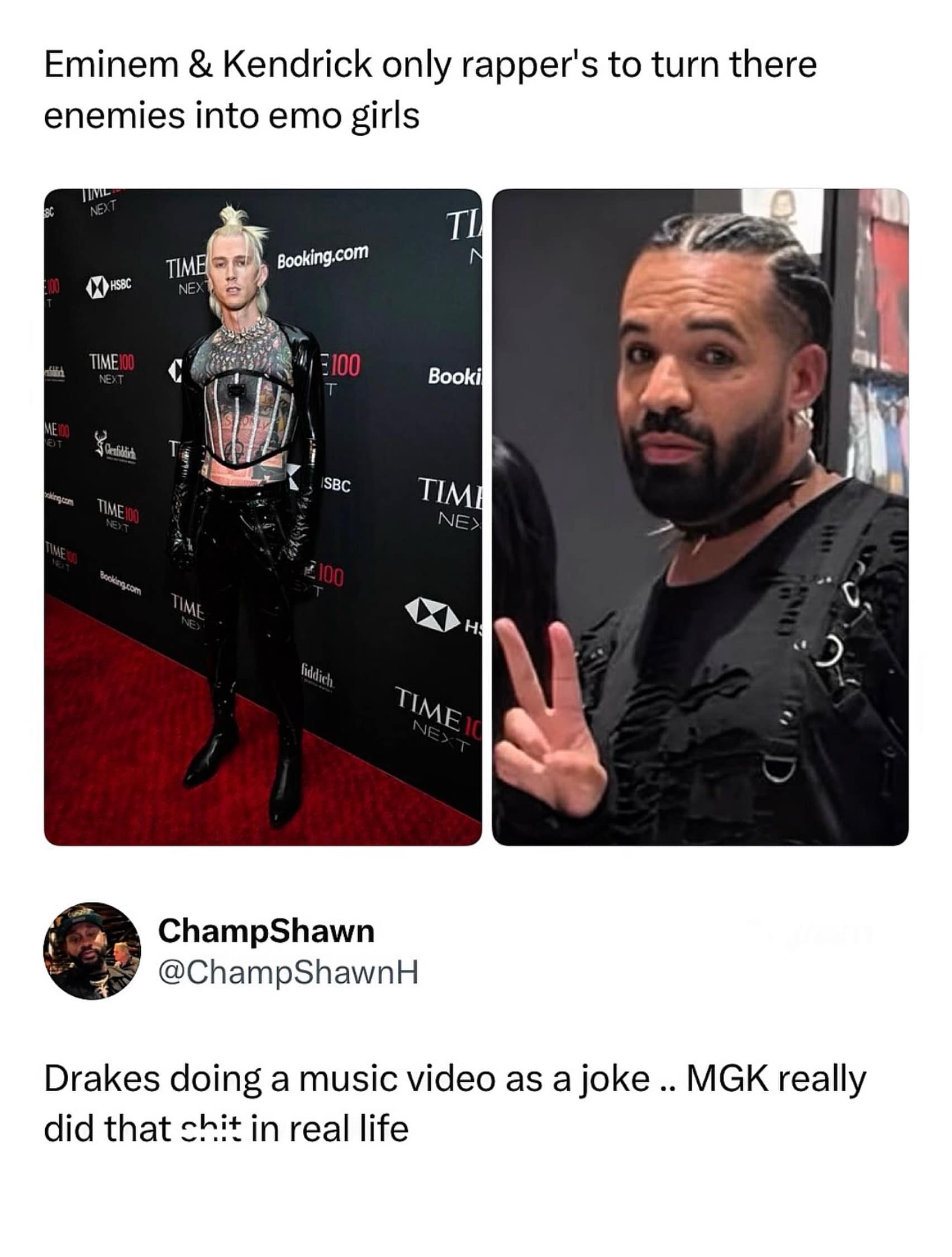 Meme side-by-side showing Machine Gun Kelly and Drake wearing gothic leather outfits after rap feuds in a meme dump.