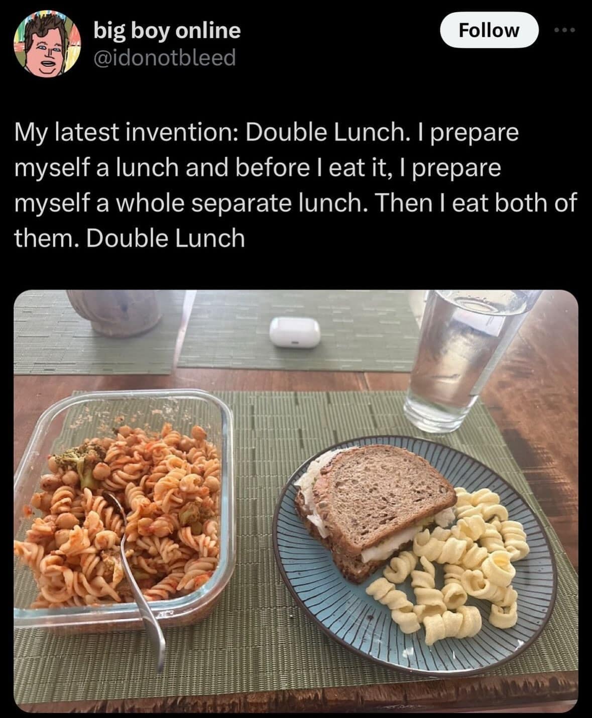 Photo of two complete pasta and sandwich meals side-by-side illustrating the concept of 'Double Lunch' in a hilarious meme.