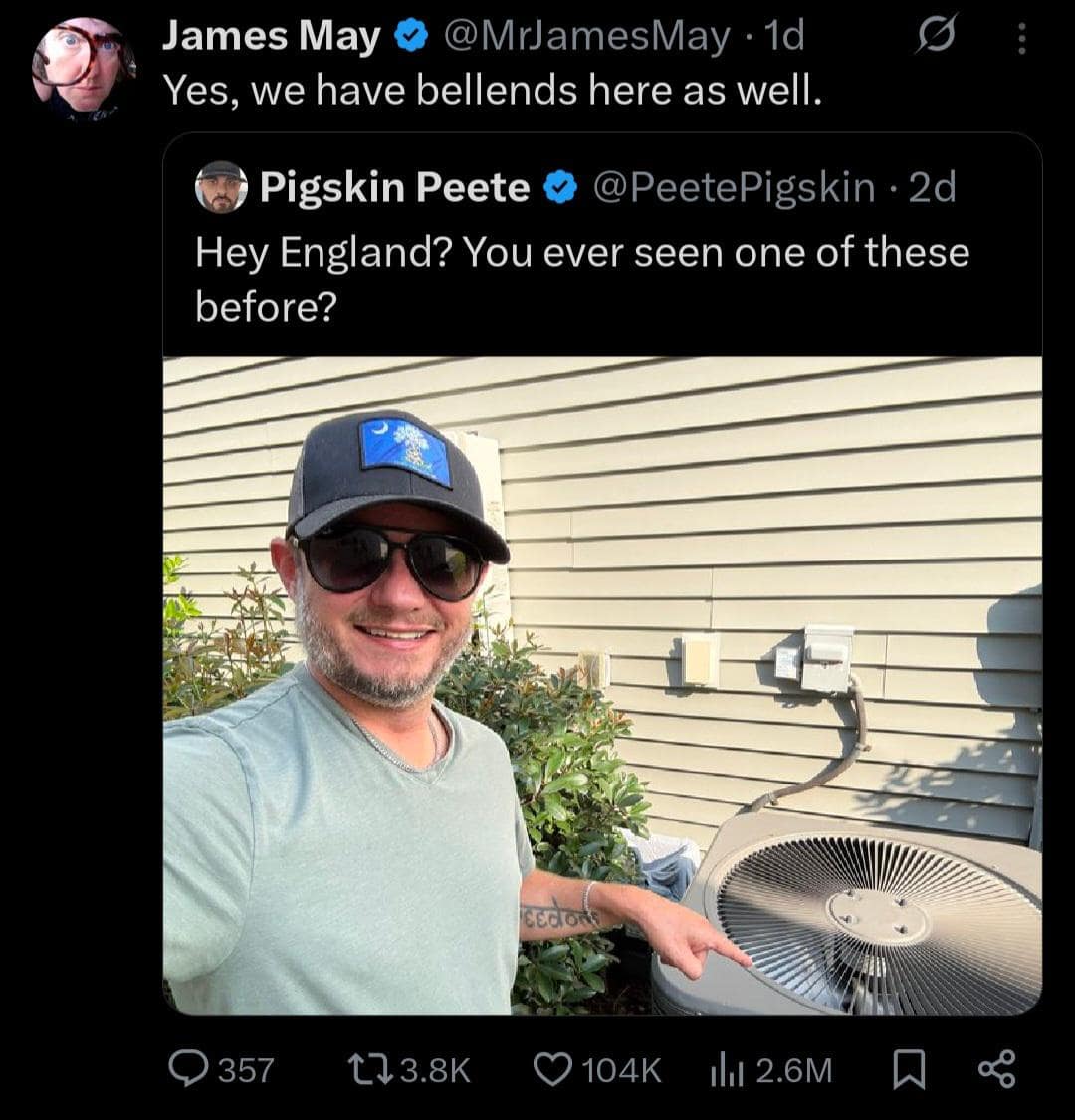 Tweet quote from James May dryly responding to a guy bragging about his air conditioning unit, featured in a meme dump.