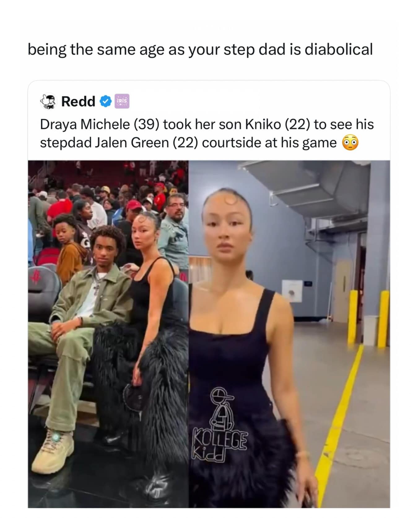 Social media post calling out the diabolical dynamics of celebrity family age gaps courtside at an NBA game in a funny meme.