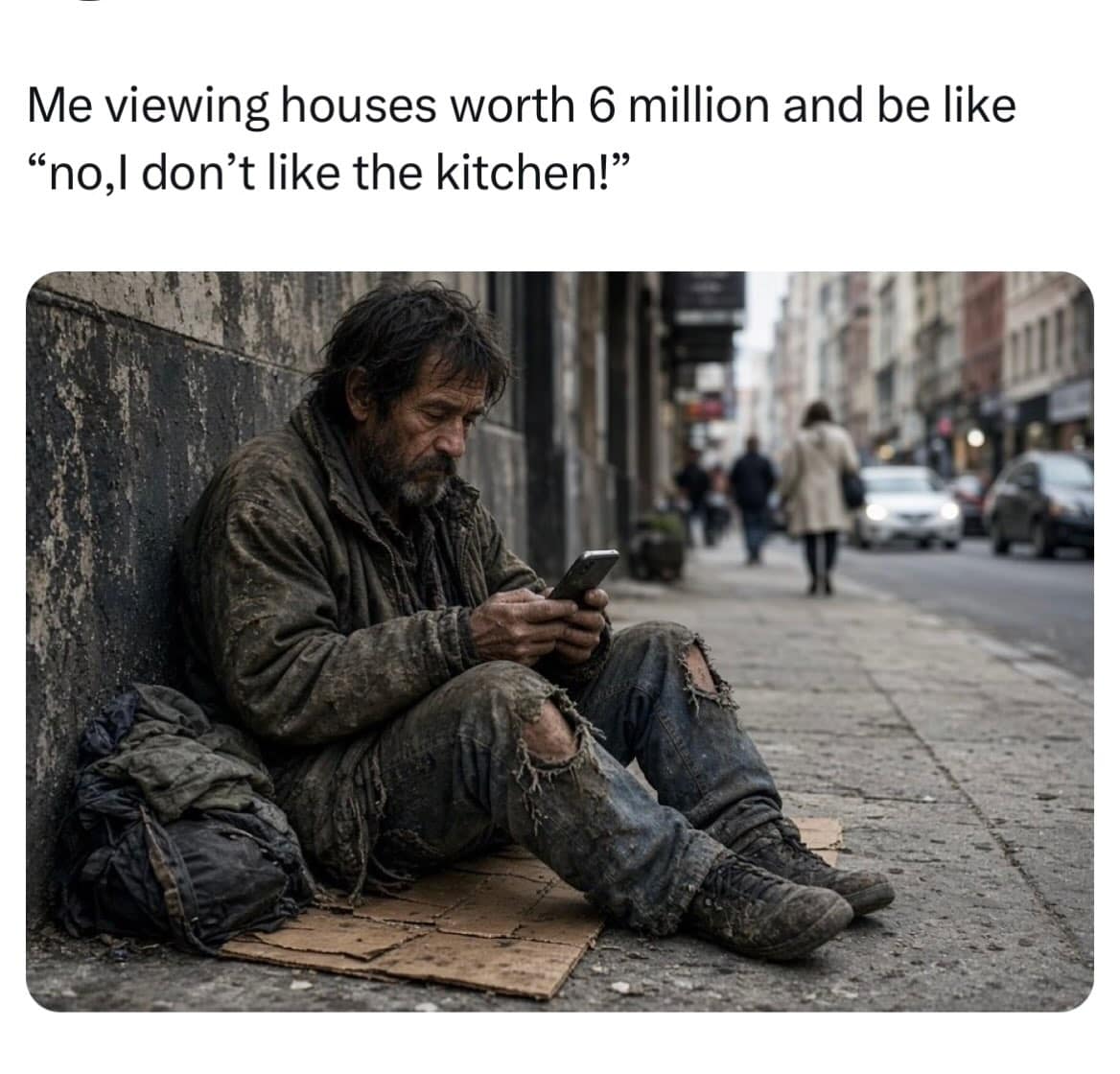 Man sitting on sidewalk cardboard checking his smartphone, captioned about being overly critical while browsing multi-million dollar real estate listings in a meme dump.