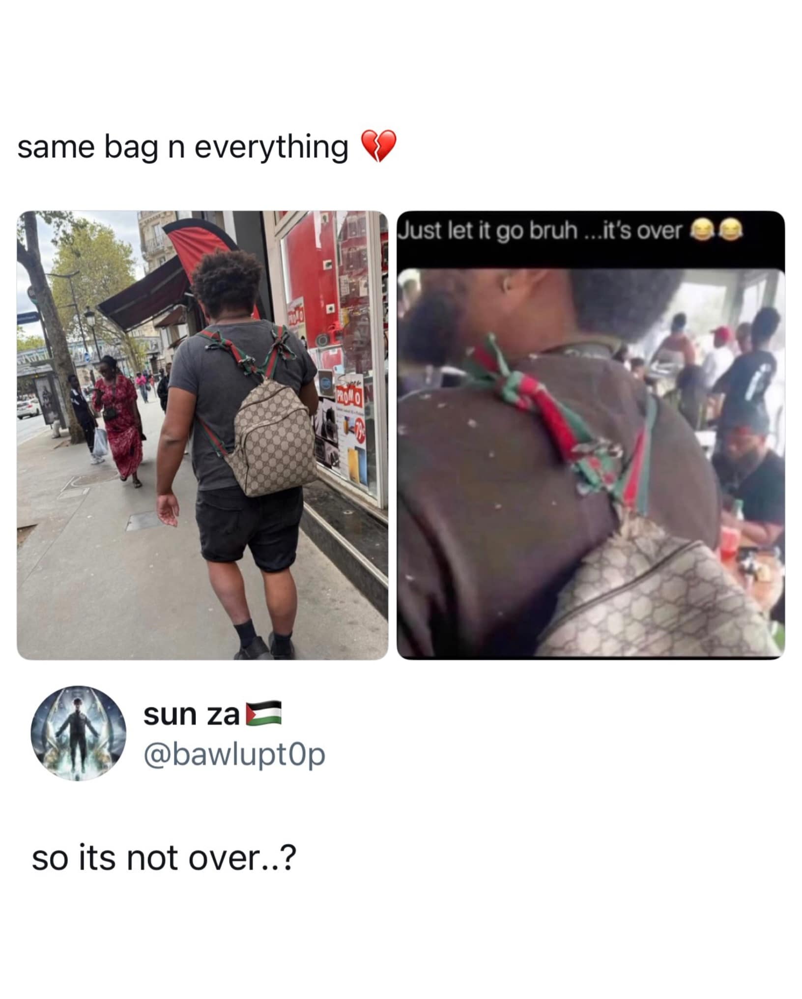 Two-panel photo tracking a guy stubbornly wearing a shredded Gucci backpack held together by frayed knots in a meme dump.