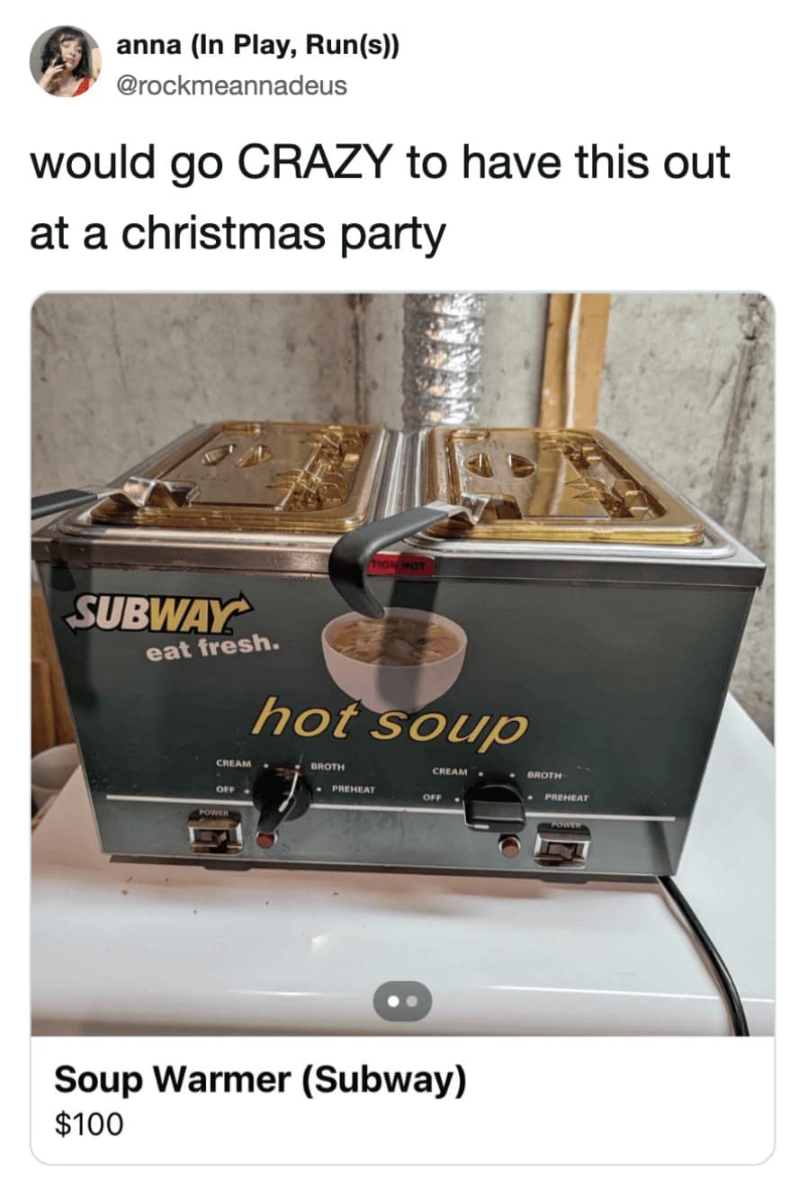 Marketplace listing for an official Subway restaurant soup warmer appliance featured in a hilarious meme.