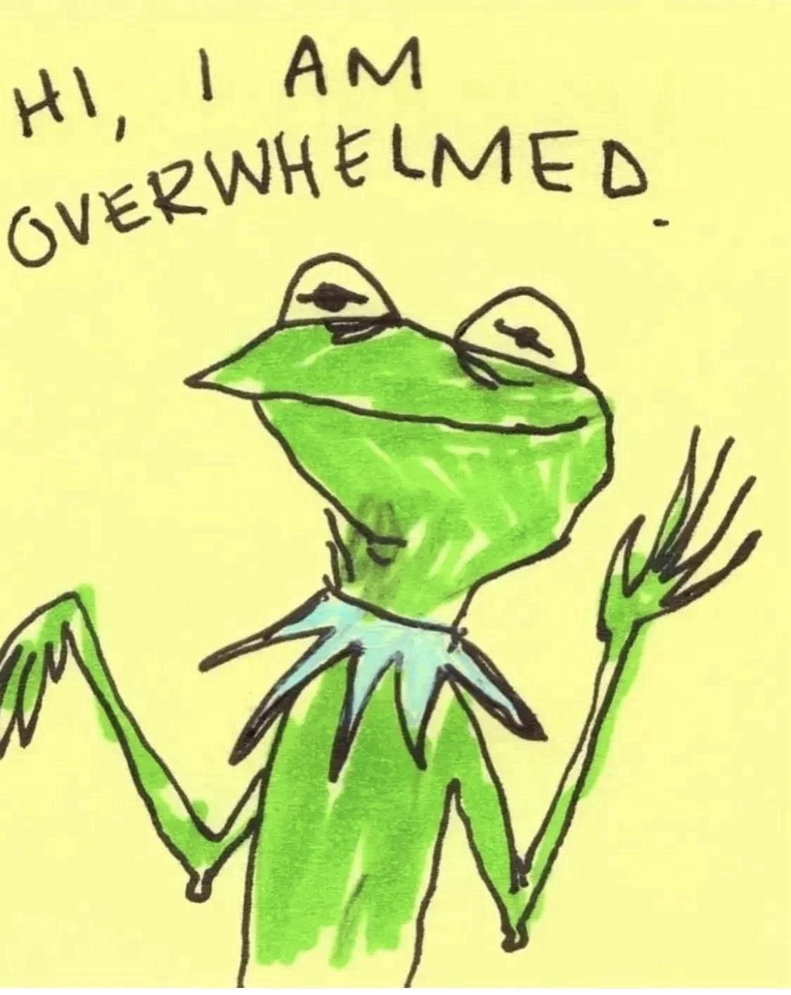 Hand-drawn illustration of Kermit the Frog looking exhausted with text reading 'HI, I AM OVERWHELMED' in a funny memes image.