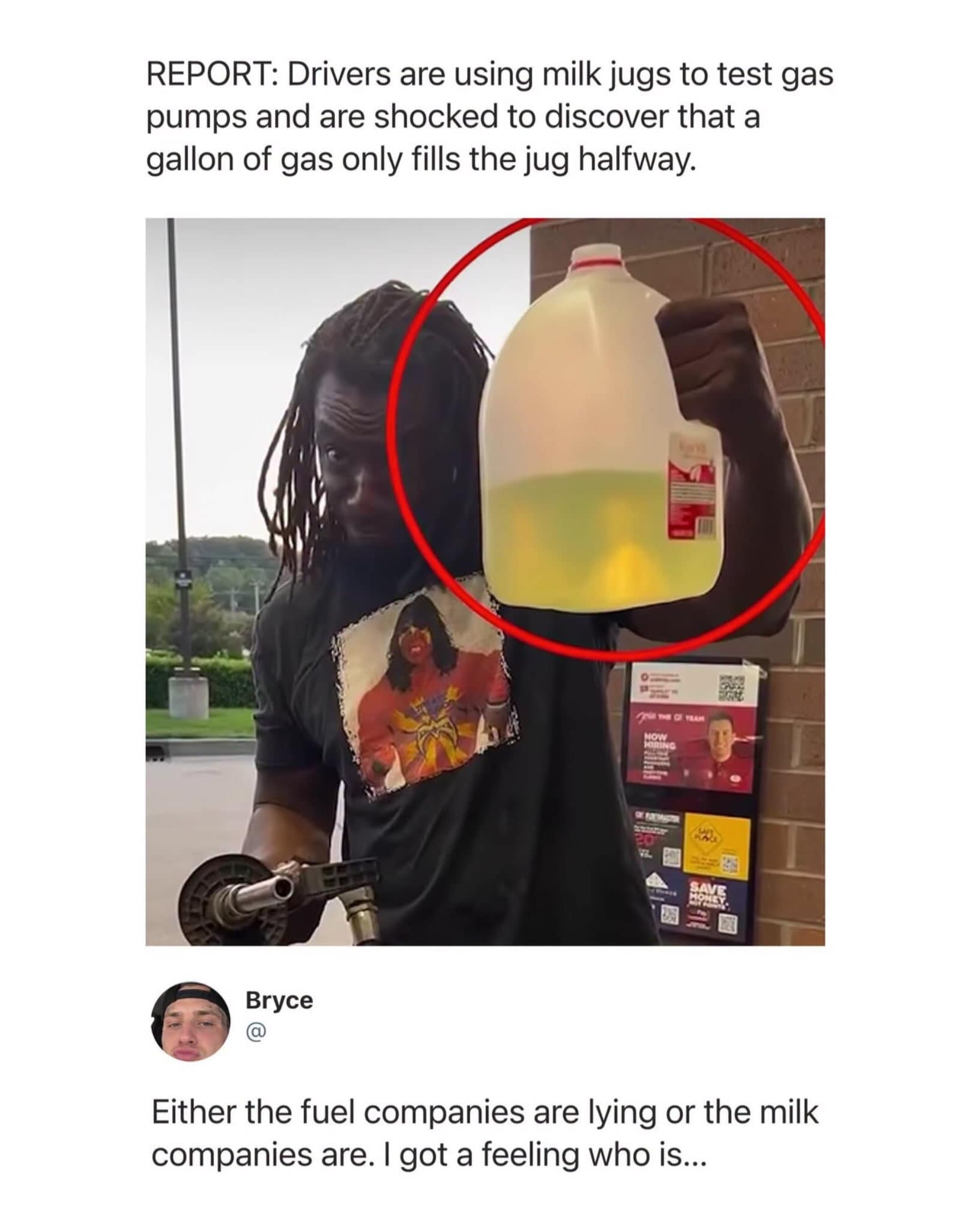 News screenshot of a man holding a gas-filled gallon milk jug with a tweet misunderstanding gallon volume measurements in a funny memes post.