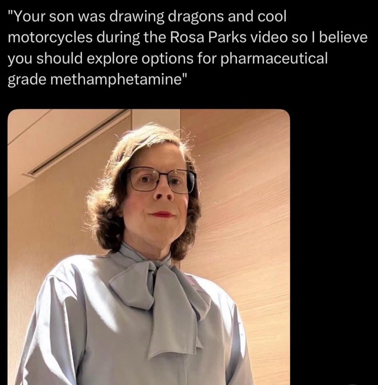 Photo of a stern school administrator recommending prescription stimulants after a child drew dragons in class in a hilarious meme.