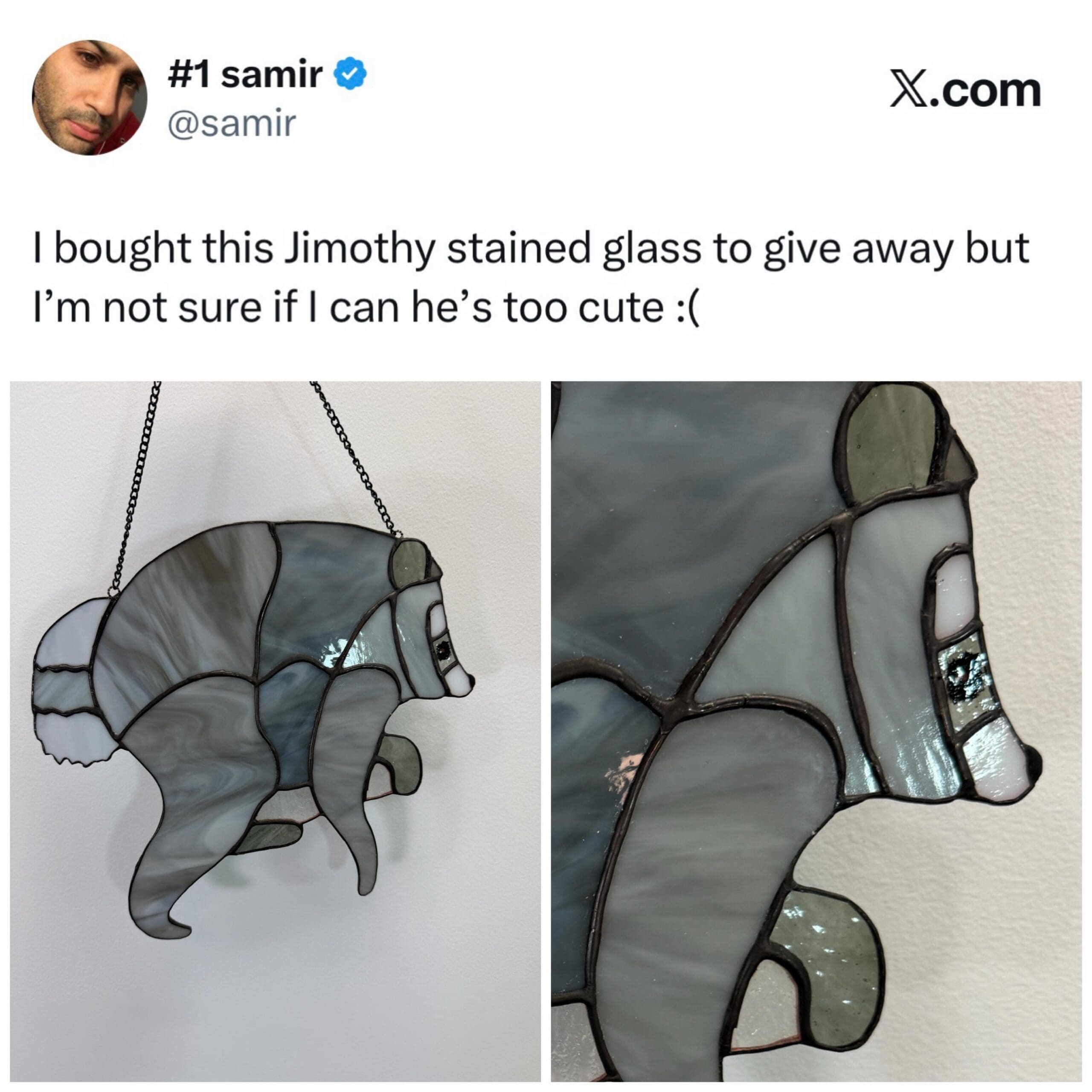 A meme dump tweet showcasing a cute handmade stained glass raccoon artwork named Jimothy that the creator refuses to part with.