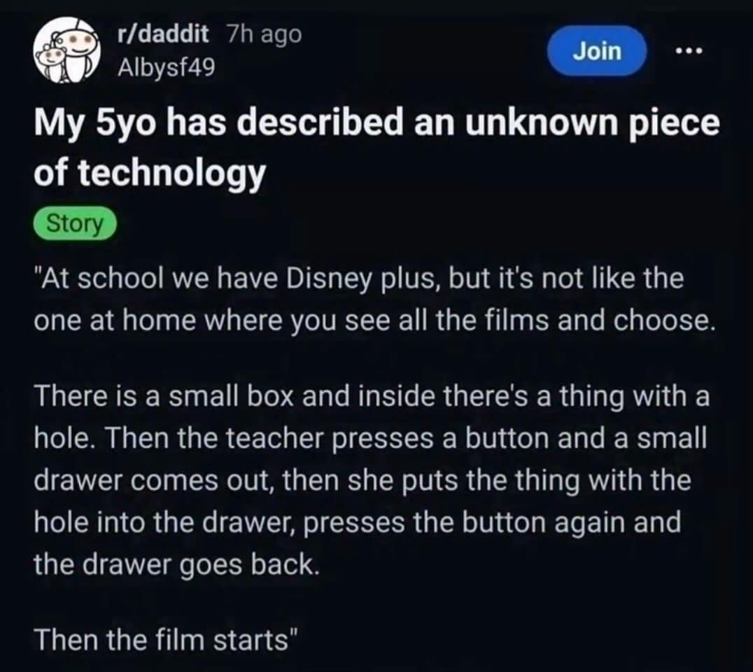 Reddit screenshot from r/daddit where a 5-year-old struggles to describe a DVD player, calling it physical 'Disney Plus' with a drawer in a meme dump.