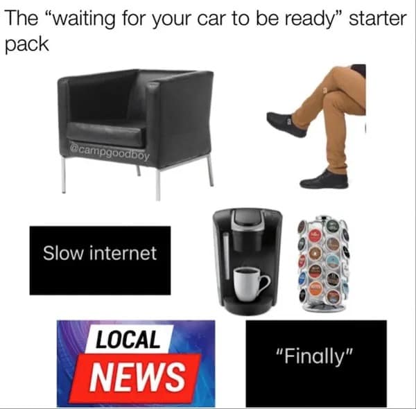 Starter pack collage with leather lobby chairs, slow Wi-Fi, Keurig pods, and local news screens titled 'Waiting for your car to be ready' in a meme dump.