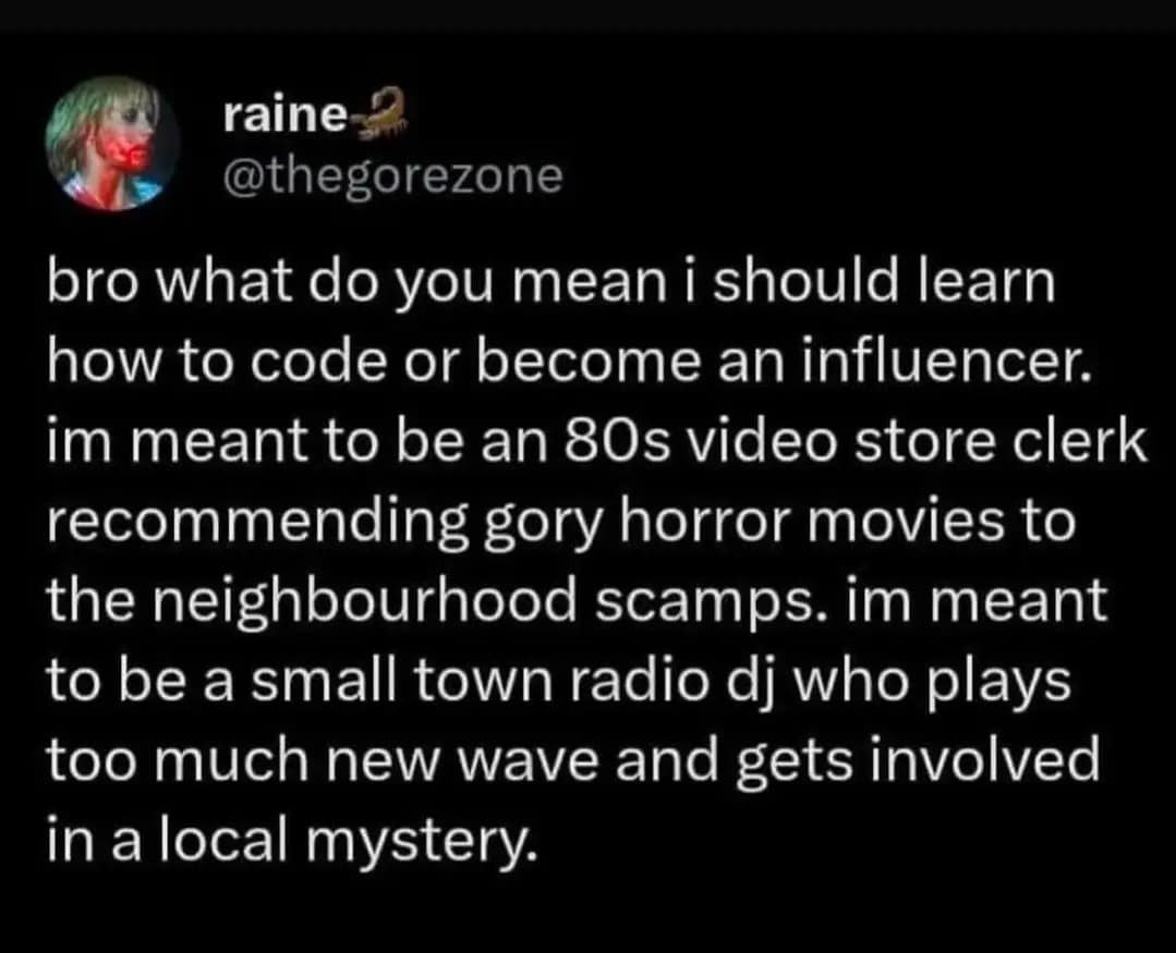 Text tweet romanticizing 1980s video store clerk and small-town radio DJ career paths over modern coding and influencing in a meme dump.