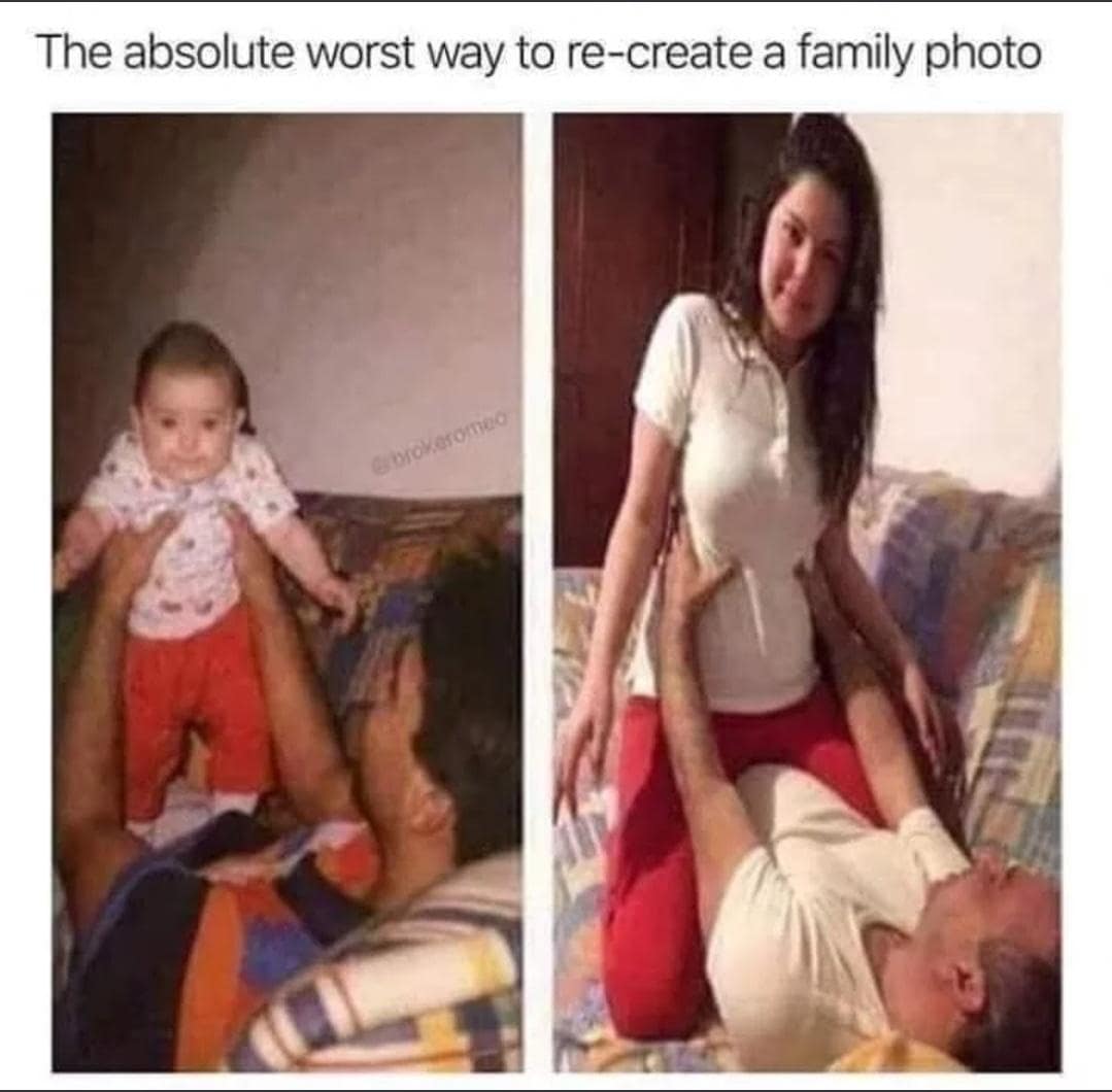 Awkward side-by-side comparison of an adult father-daughter photo recreation gone wrong in a meme dump.