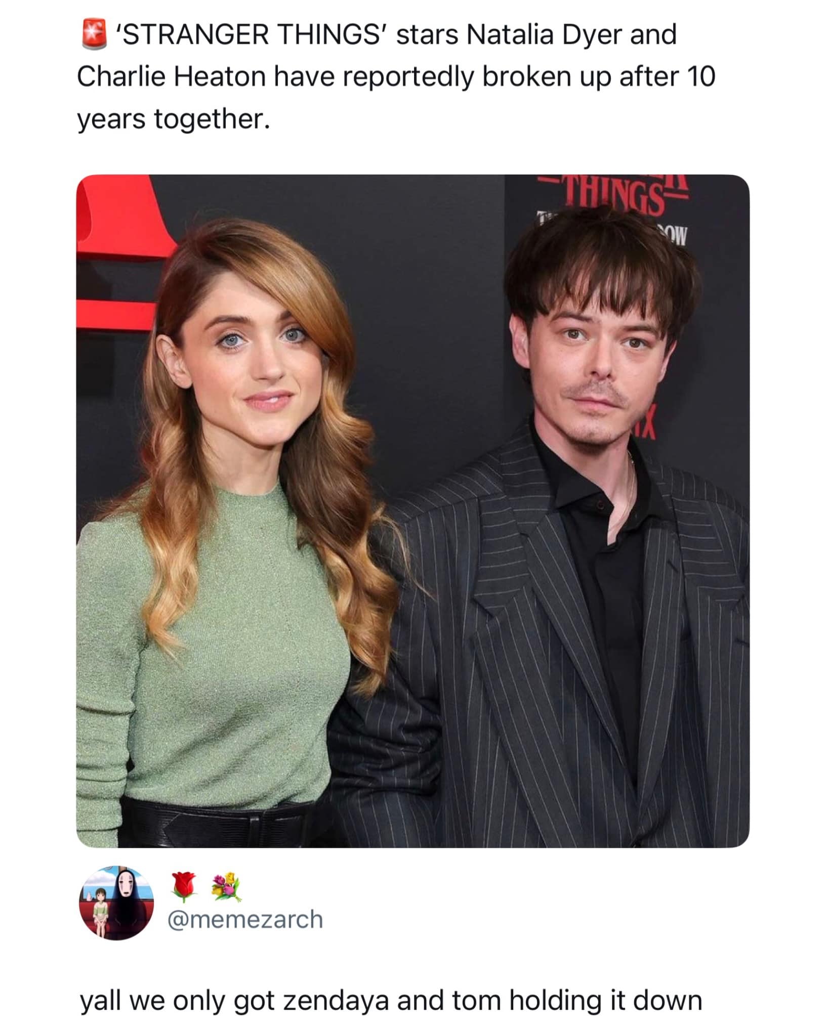 News screenshot of Natalia Dyer and Charlie Heaton's breakup paired with a tweet placing all hope on Tom Holland and Zendaya in a meme dump.