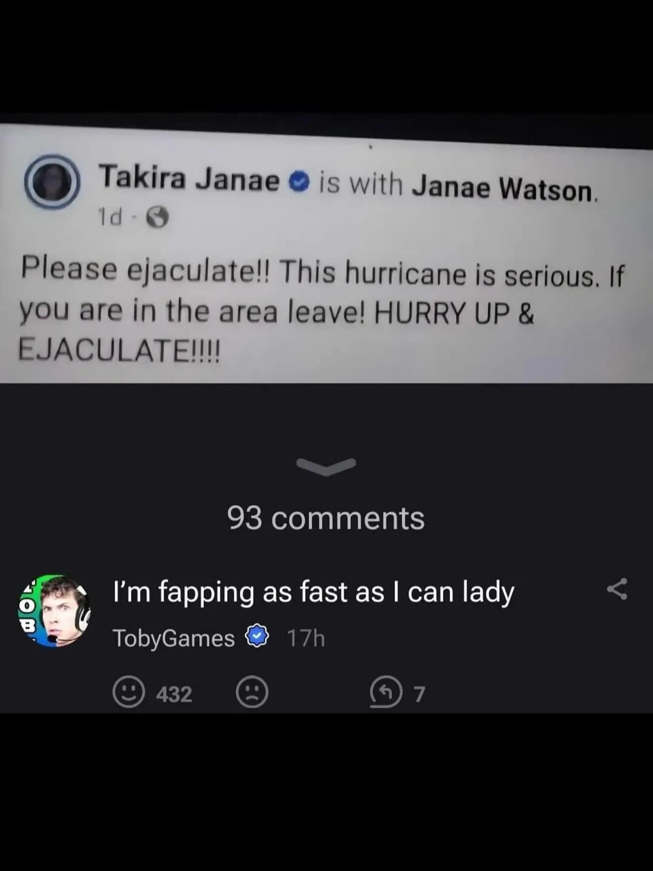 Facebook post urgently warning people to 'ejaculate' instead of evacuate during a hurricane paired with a hilarious reply in a meme dump.