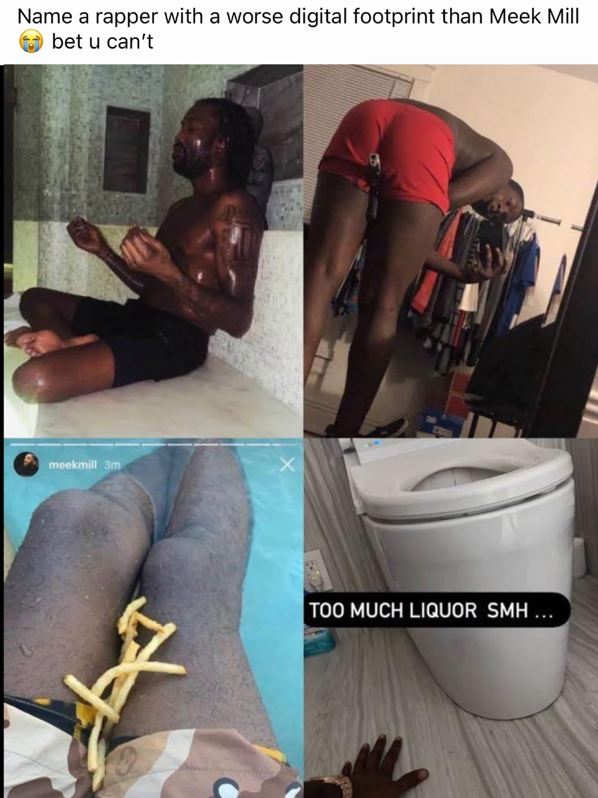 Four-panel photo collage mocking Meek Mill's embarrassing social media history and questionable selfies in a meme dump.