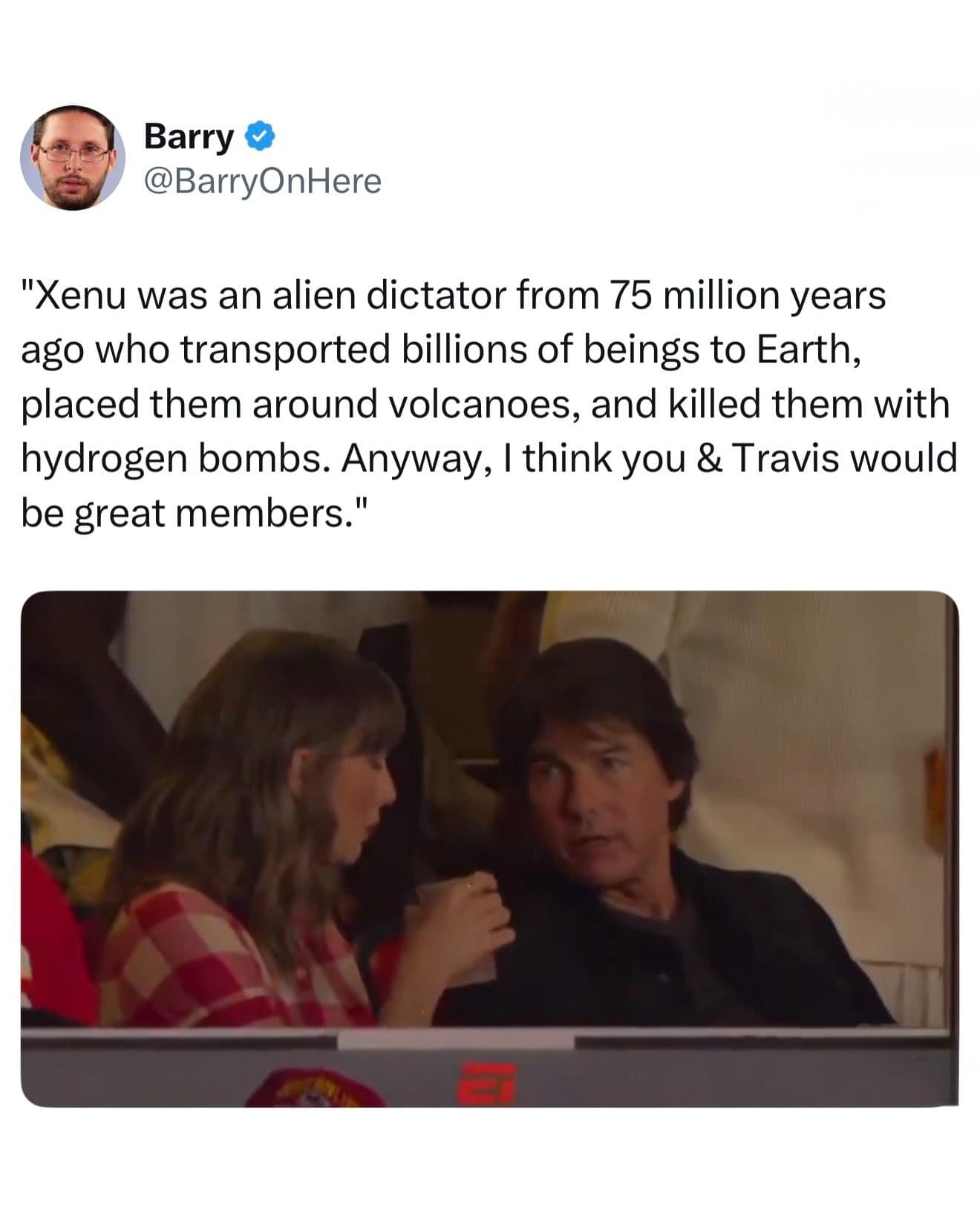 Tom Cruise talking closely to Taylor Swift at a football game paired with a tweet describing Scientology lore in a meme dump.