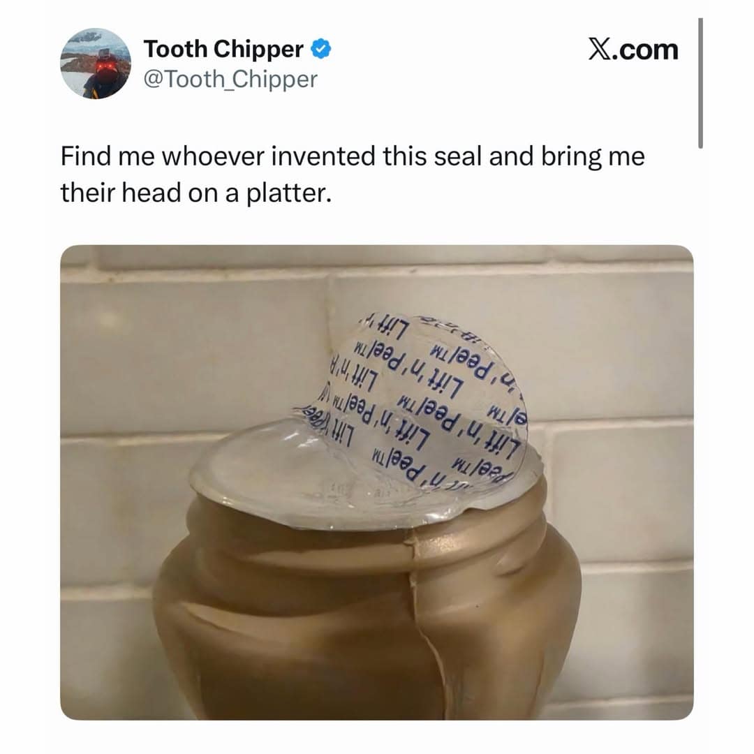 Stubborn 'Lift n Peel' plastic seal tab ripped off a sealed jar without actually opening it in a meme dump.