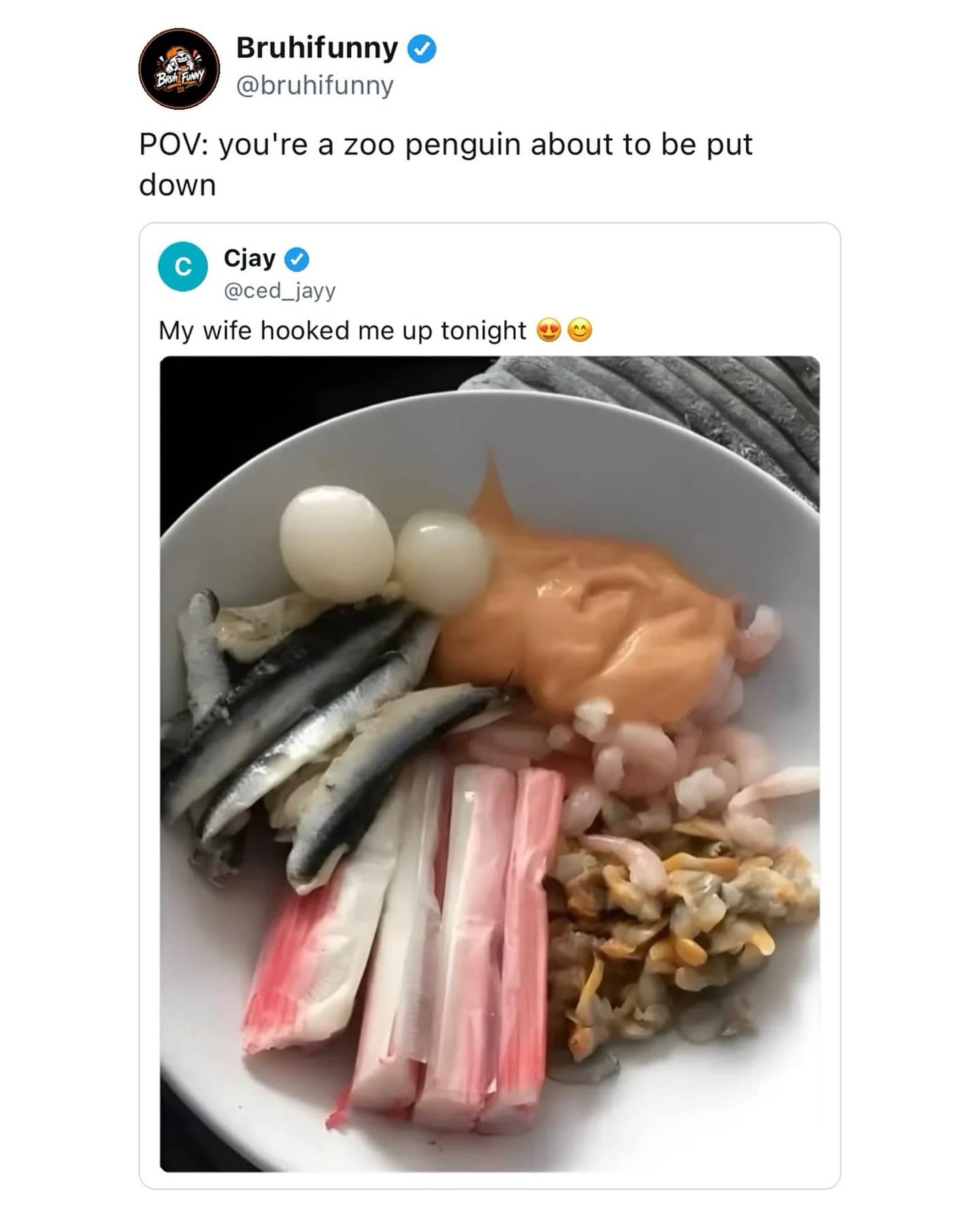 Tweet roasting an unappetizing bowl of raw fish and seafood as a final meal for a zoo penguin in a meme dump.