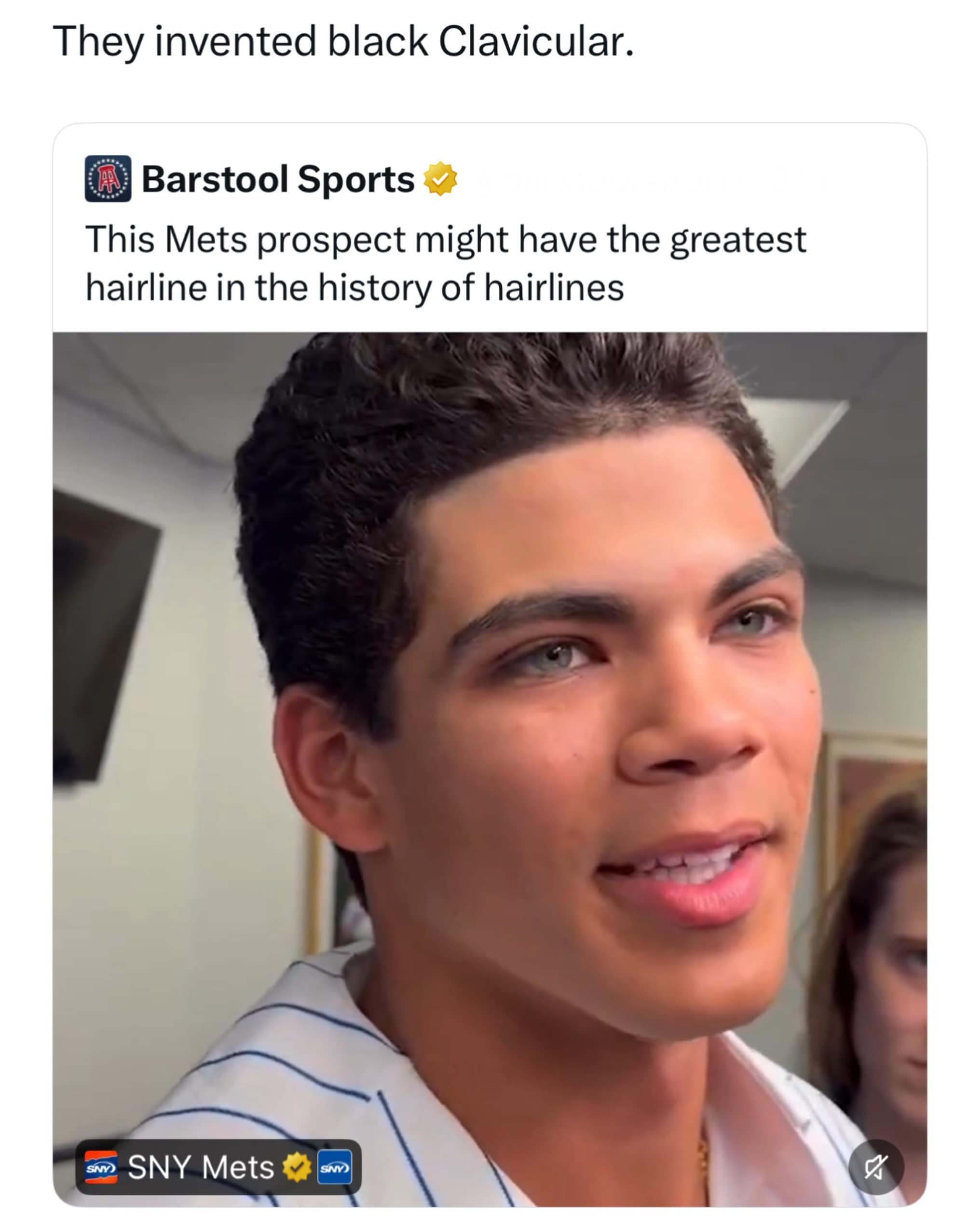Baseball prospect with a razor-sharp hairline and light eyes labeled as 'black Clavicular' in a meme dump.