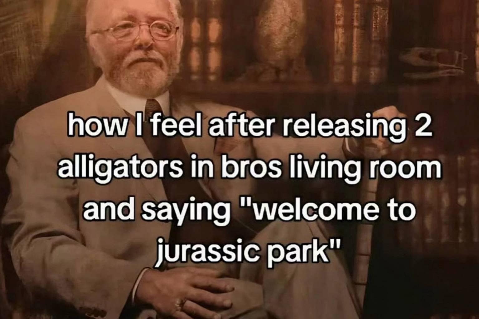 An unhinged meme dump collection capturing chaotic internet humor, featuring Tom Cruise explaining Scientology to Taylor Swift at a football game, a handwritten stock market graph on a Styrofoam box, and John Hammond looking proud after releasing alligators into a living room.