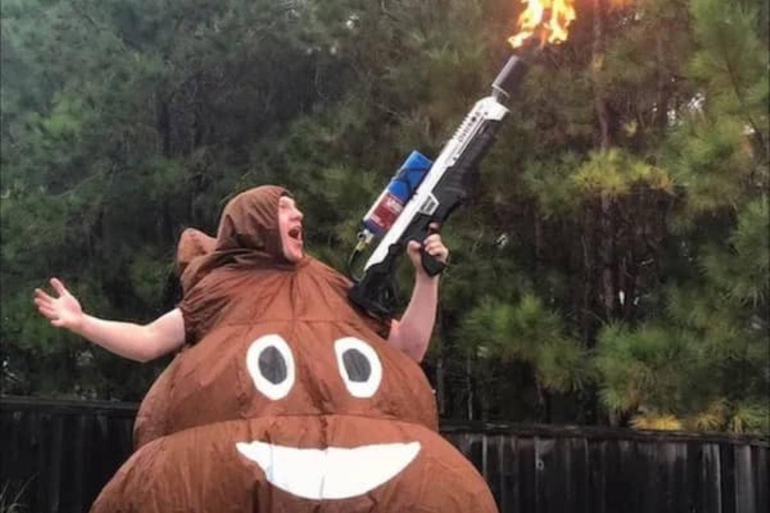 An ultimate meme dump gallery highlighting unhinged internet humor, featuring a person in an inflatable poop emoji costume firing a real flamethrower, legendary hairy Georgian water polo player Petre Mshvenieradze, and WWE wrestler Otis posing at the end of a bed.