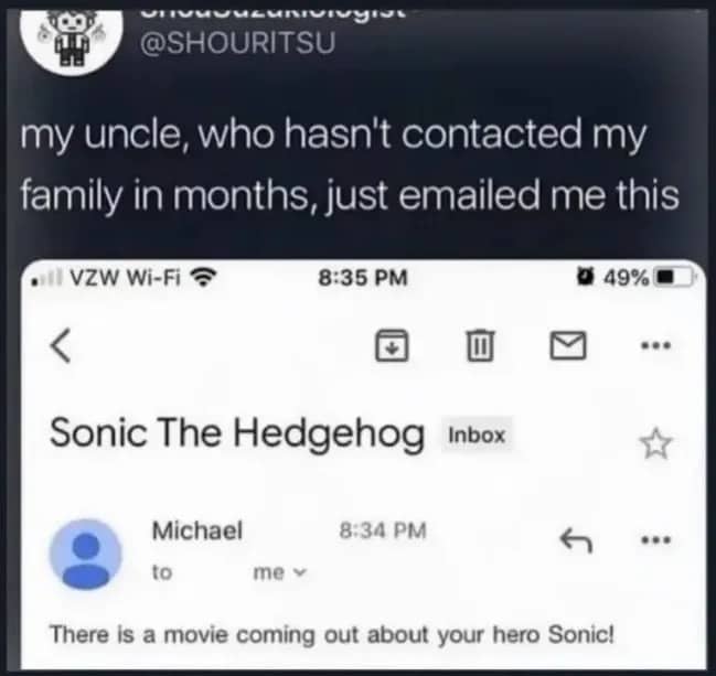 Funny email screenshot meme about an estranged uncle sending news about Sonic the Hedgehog.