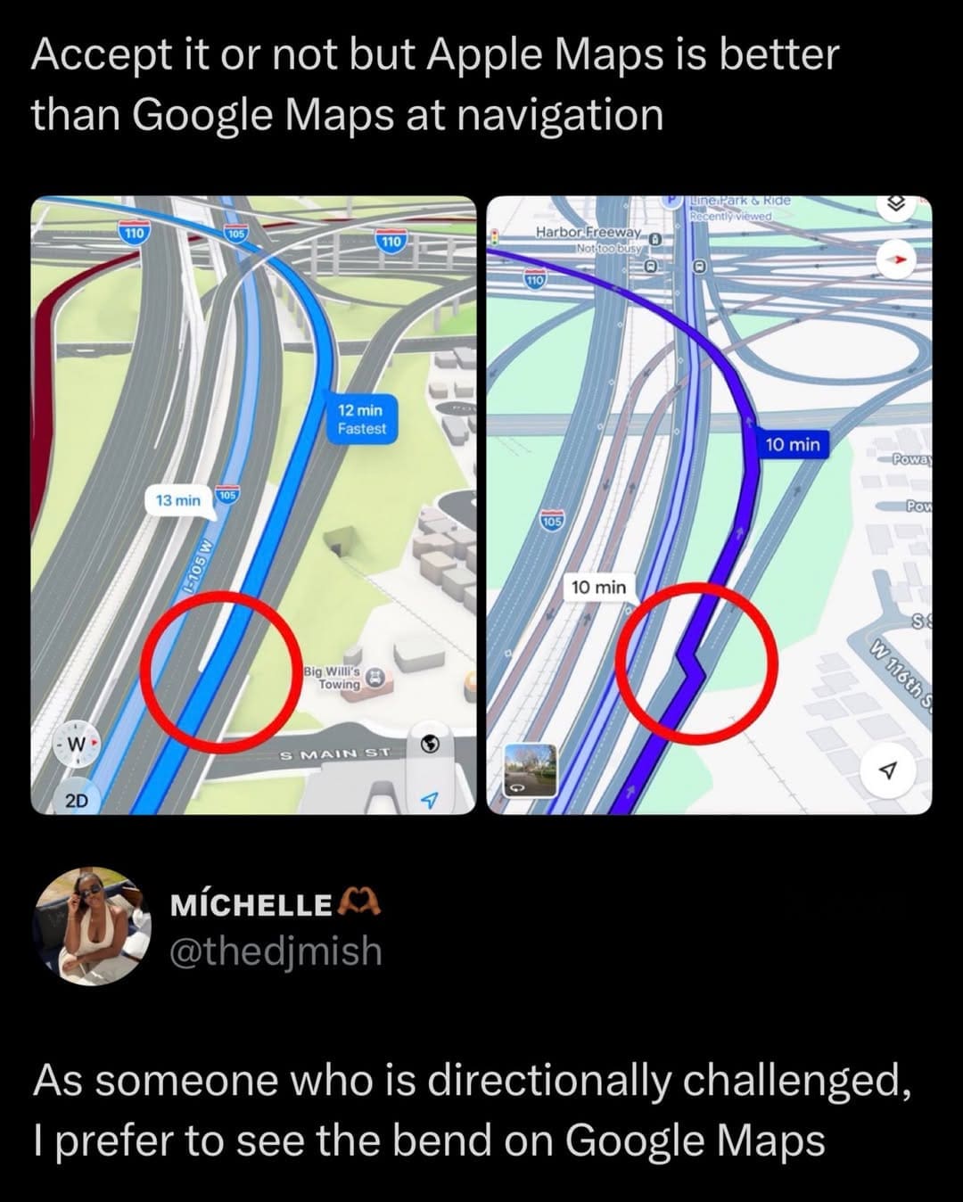 Side-by-side comparison meme showing Apple Maps versus Google Maps navigation routes over highway interchange.