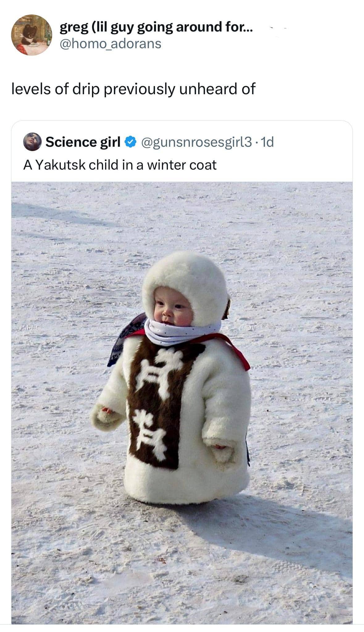 Yakutsk child bundled in heavy traditional winter coat standing in snow funny meme.