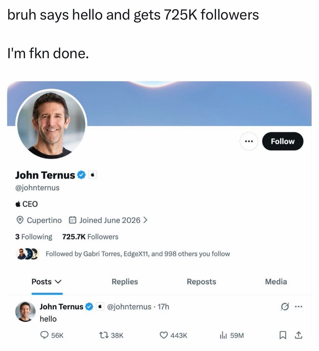 Viral social media meme reacting to tech CEO getting massive followers after tweeting hello.