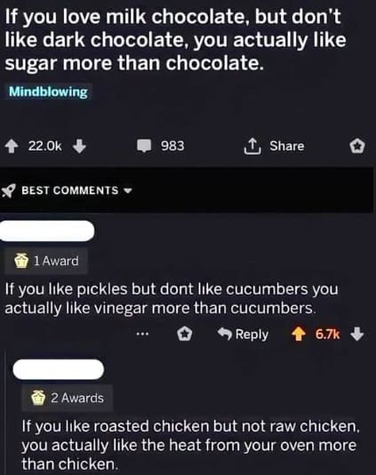 Reddit post screenshot discussing milk chocolate preference followed by sarcastic logic responses about food options.