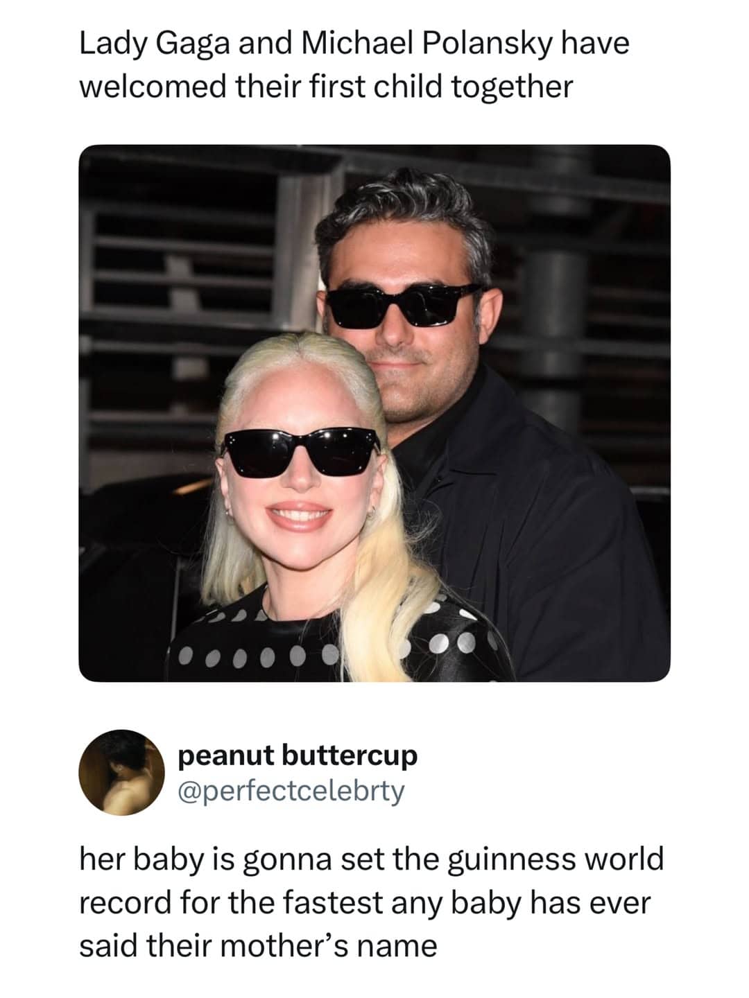Lady Gaga and partner picture with funny joke about baby saying mom's name fast.