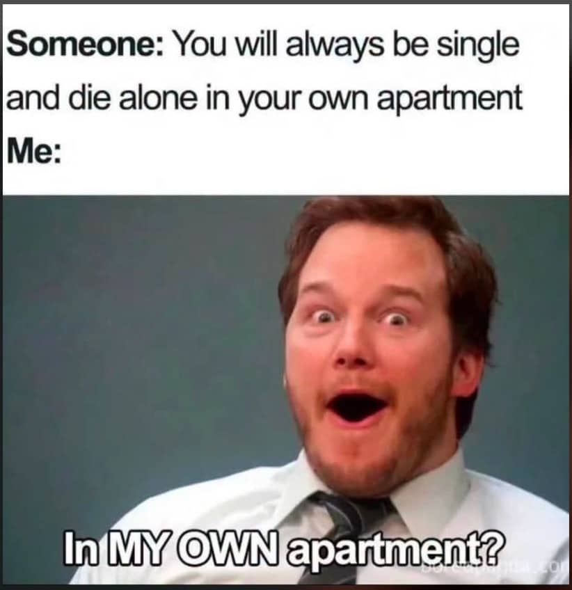 Chris Pratt Parks and Rec excited face meme reacting to having your own apartment.