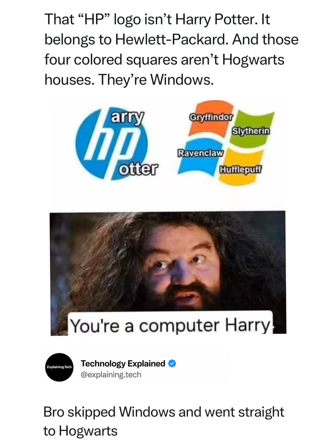 Tech logos misidentified as Harry Potter themed symbols in a hilarious computer meme.