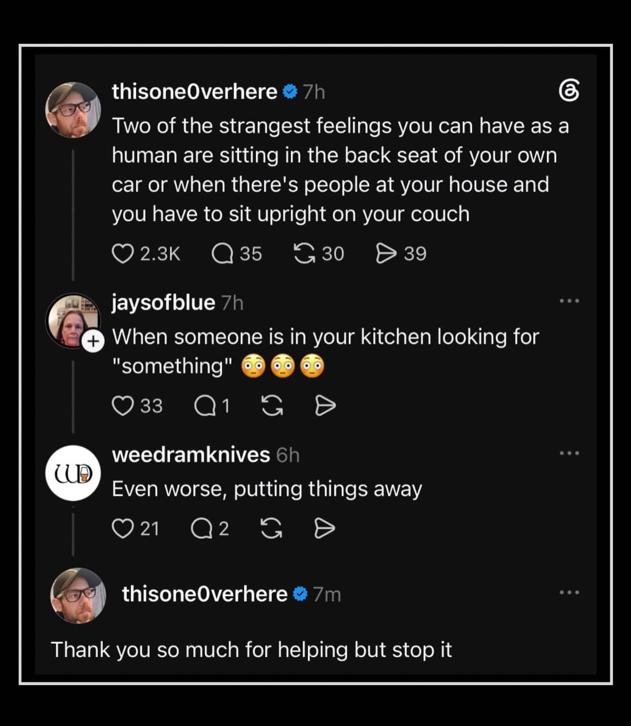 Funny social media thread screenshot discussing strange awkwardly relateable home and guest situations.
