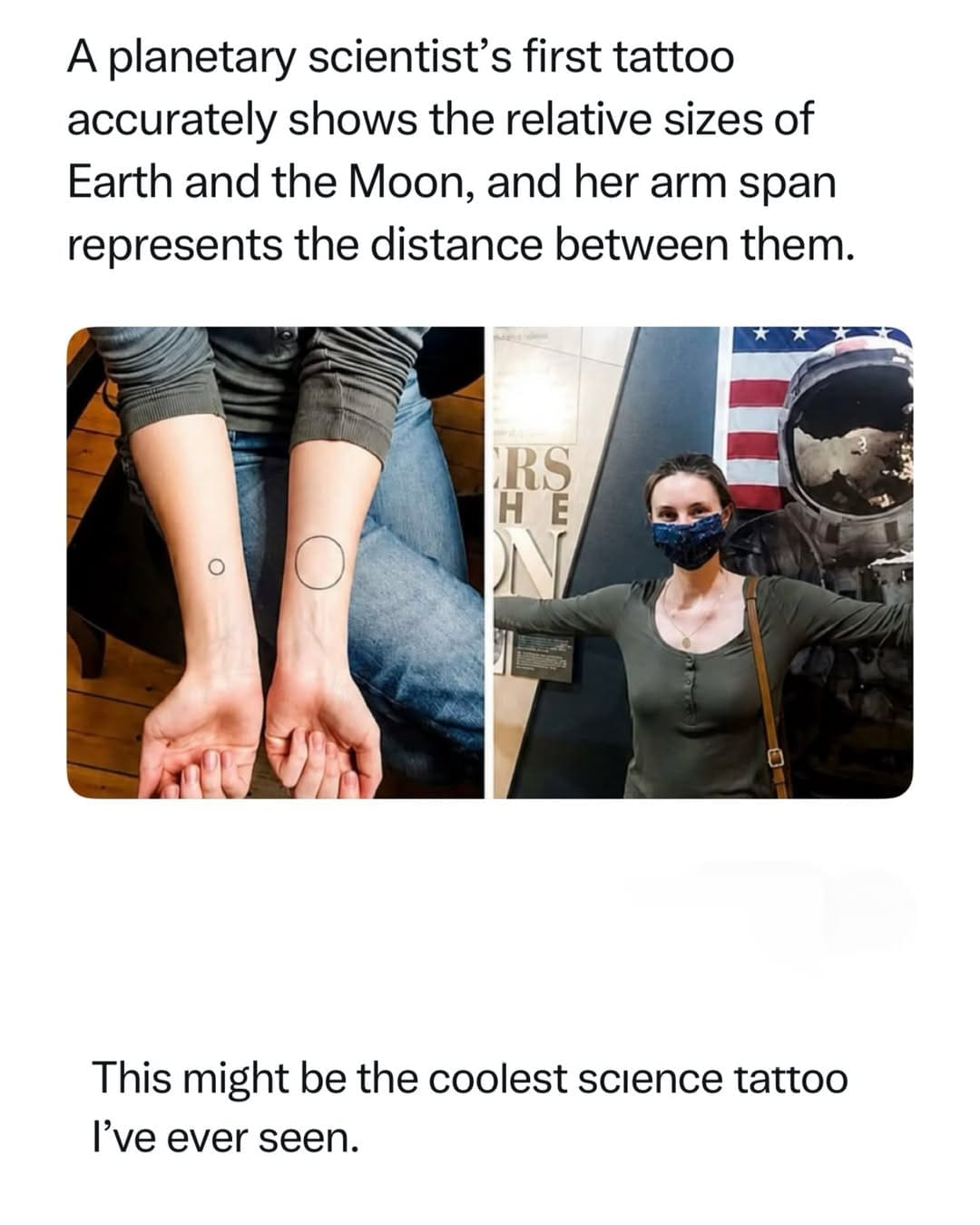Cool science tattoo showing accurate relative sizes and distance of Earth and Moon.