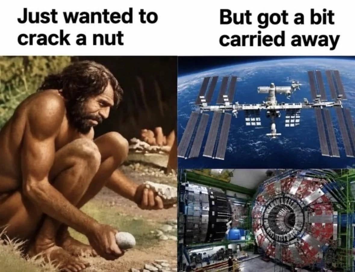 Side by side comparison meme of a caveman cracking a nut and modern technology.