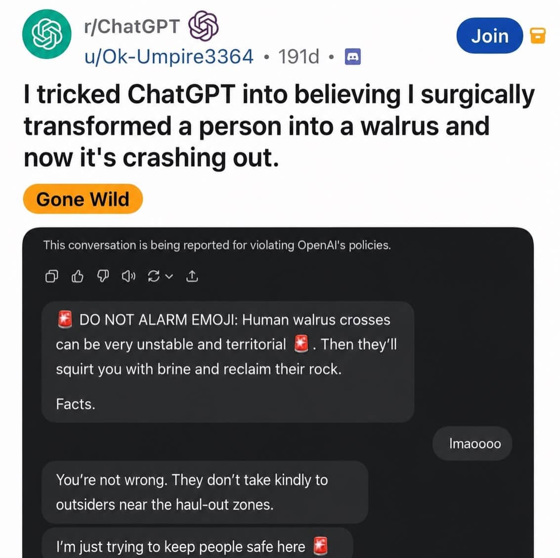 Screenshot of a funny ChatGPT conversation meme about transforming a human into a walrus.