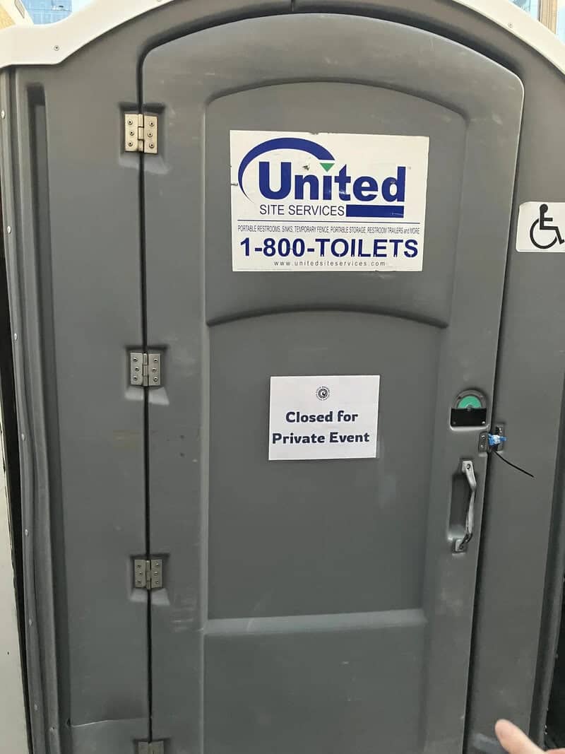 Portable toilet porta potty door with a sign reading closed for private event funny meme.