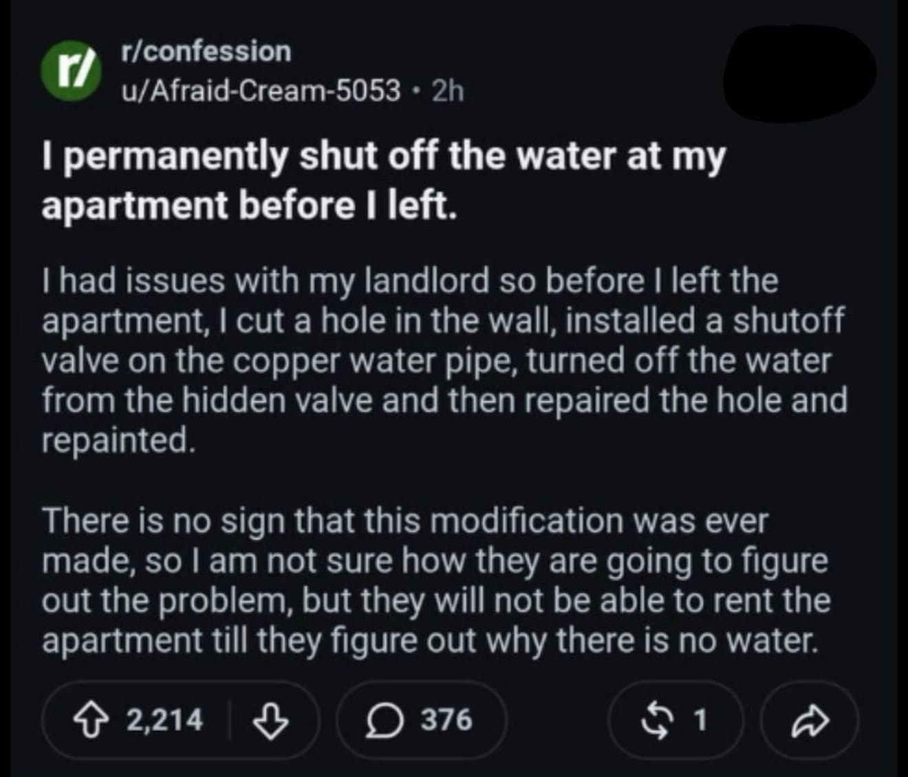 Reddit post meme detailing a tenant hiding a water valve behind a wall before moving out.