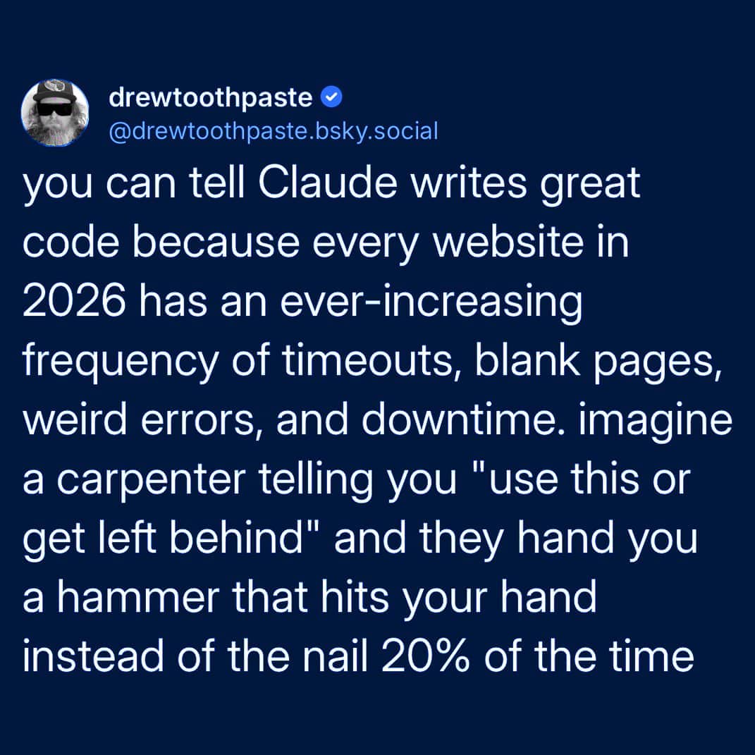 Funny text post meme criticizing AI code quality and software glitches with humor.