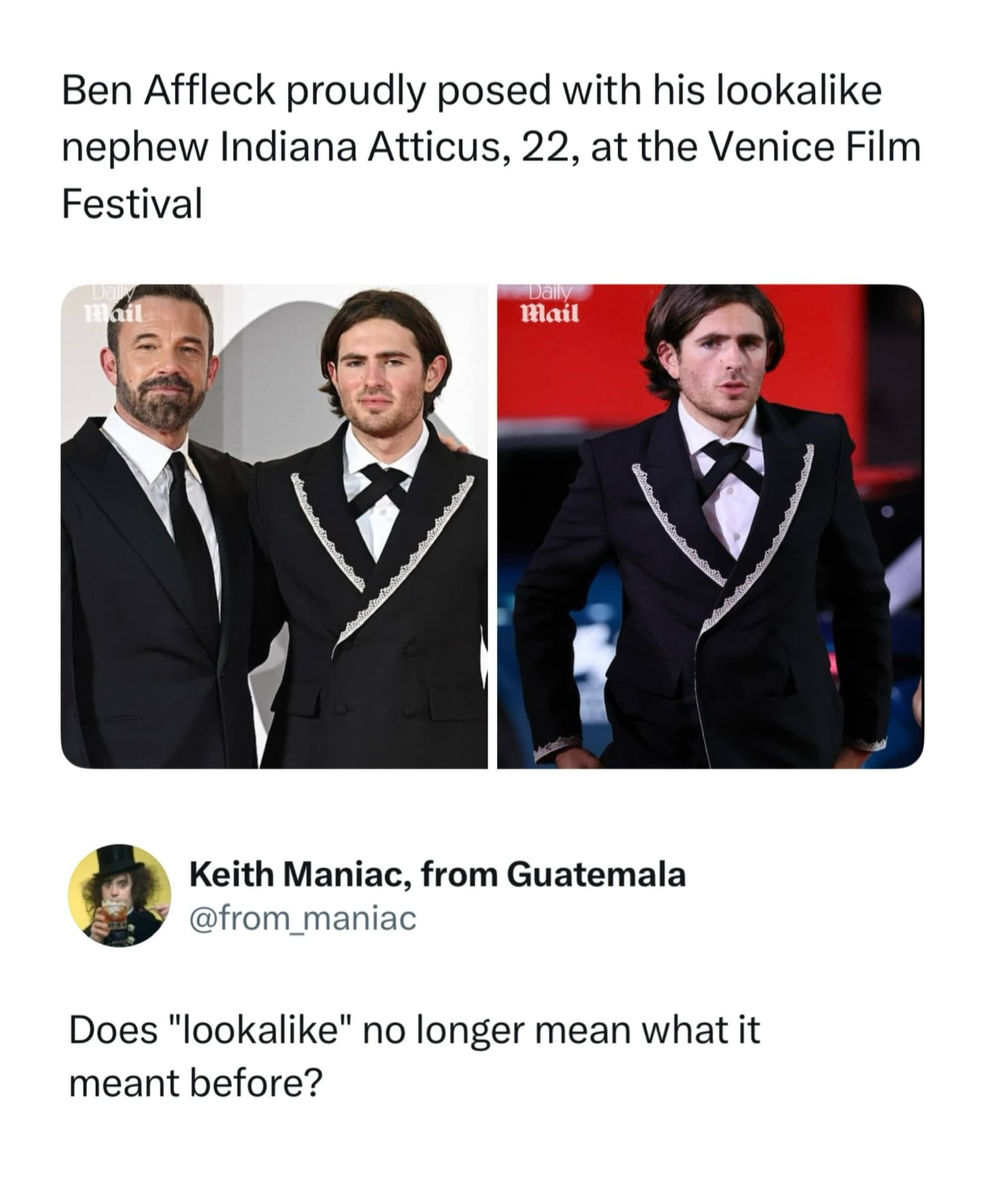 Ben Affleck standing next to nephew with funny comment asking about definition of lookalike.