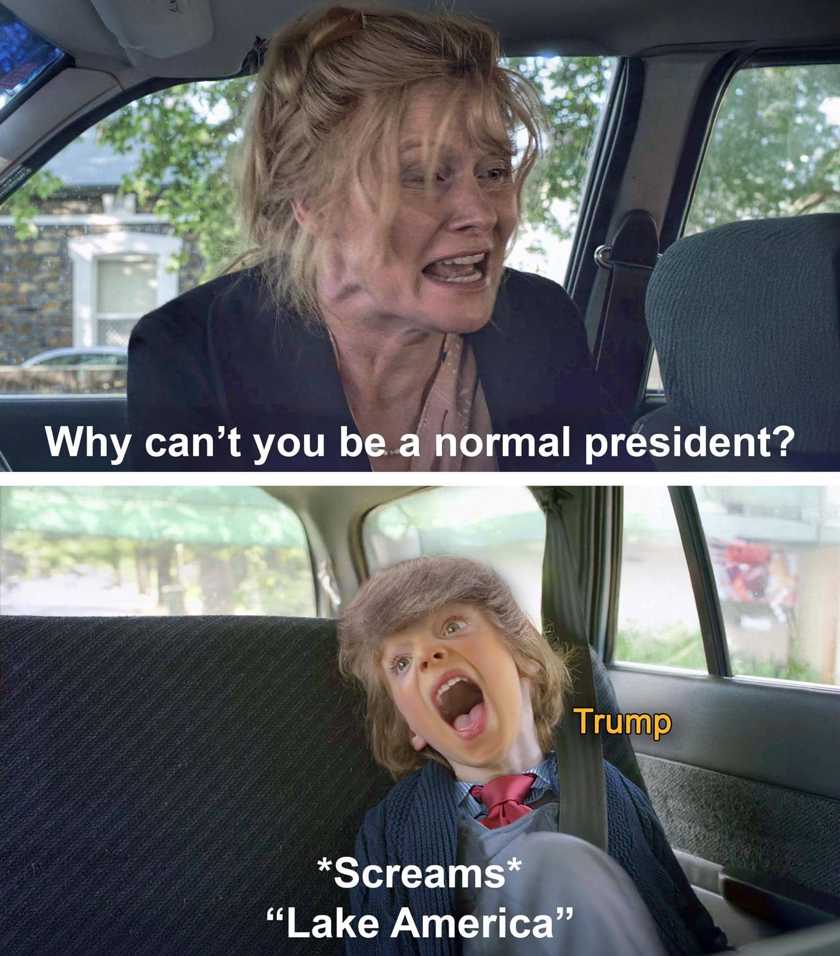 Movie scene meme featuring screaming child and mother with funny political humor caption text.