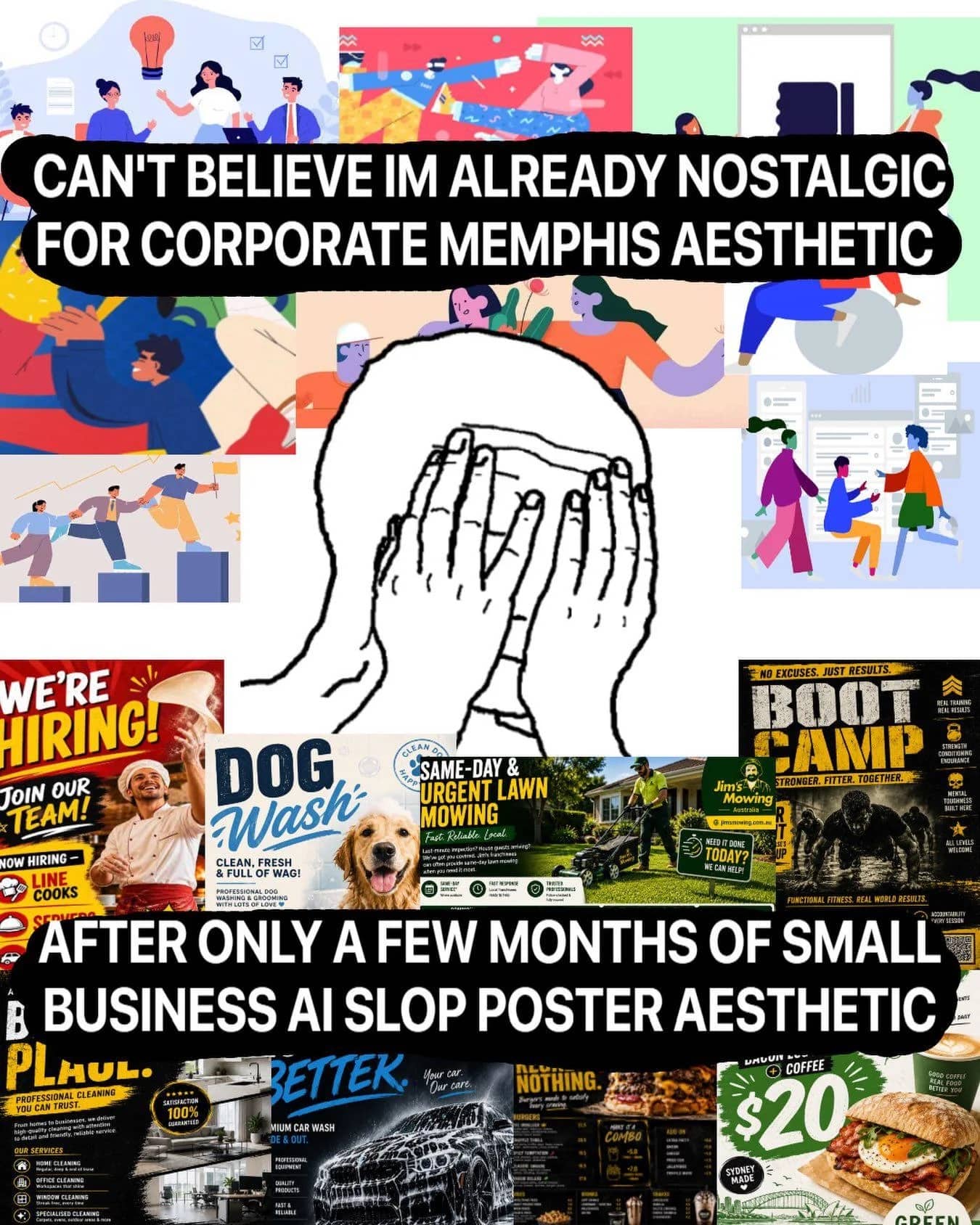 Funny meme criticizing modern corporate AI art styles compared to older graphic designs.