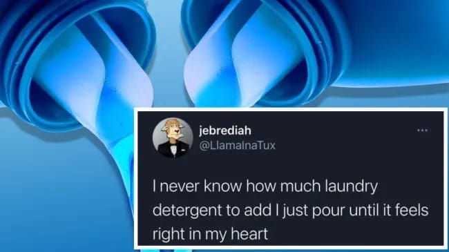 Social media meme about adding laundry detergent based on gut feeling over liquid detergent bottle image.