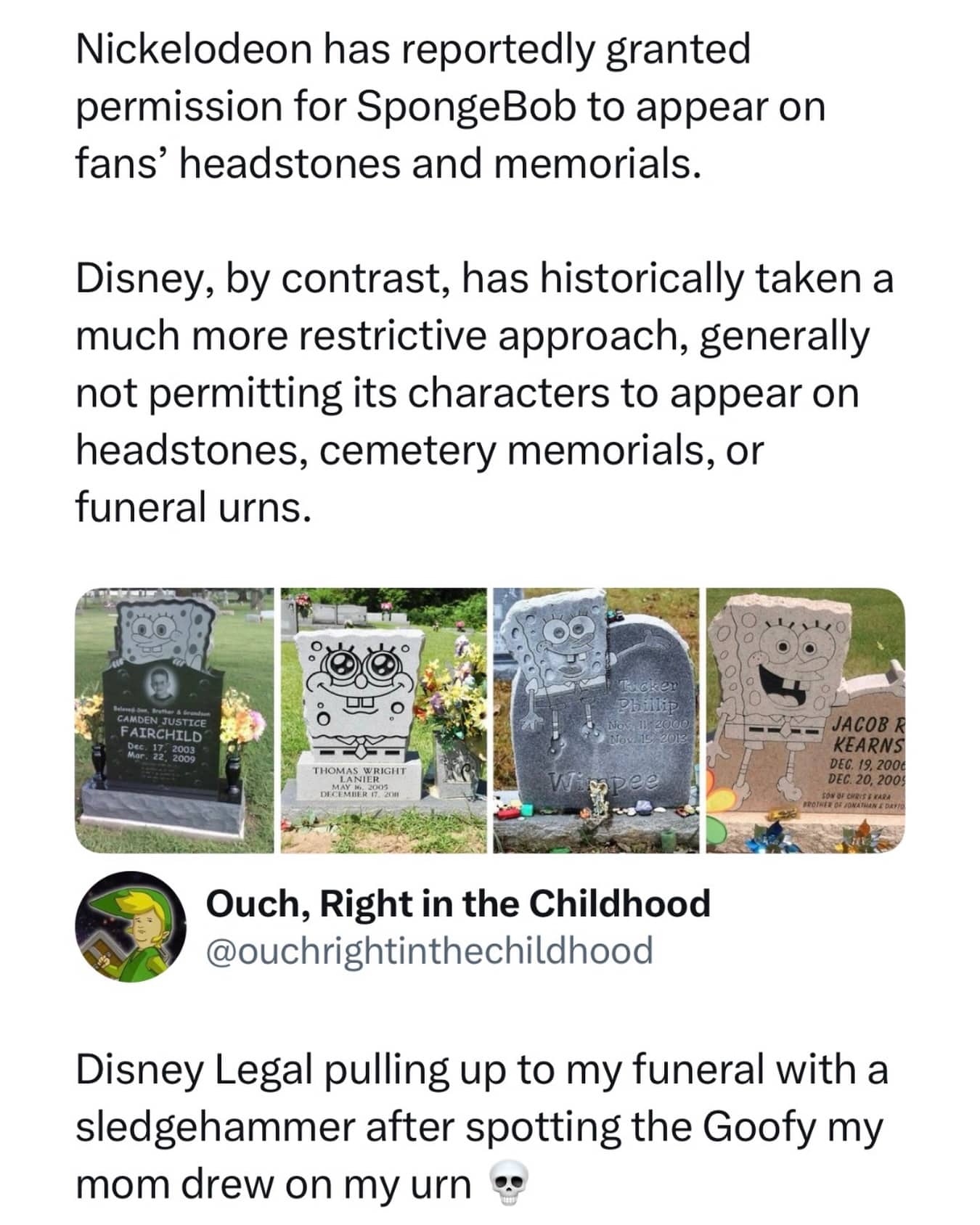 Spongebob Squarepants tombstone memorials meme about Disney legal taking strict action.