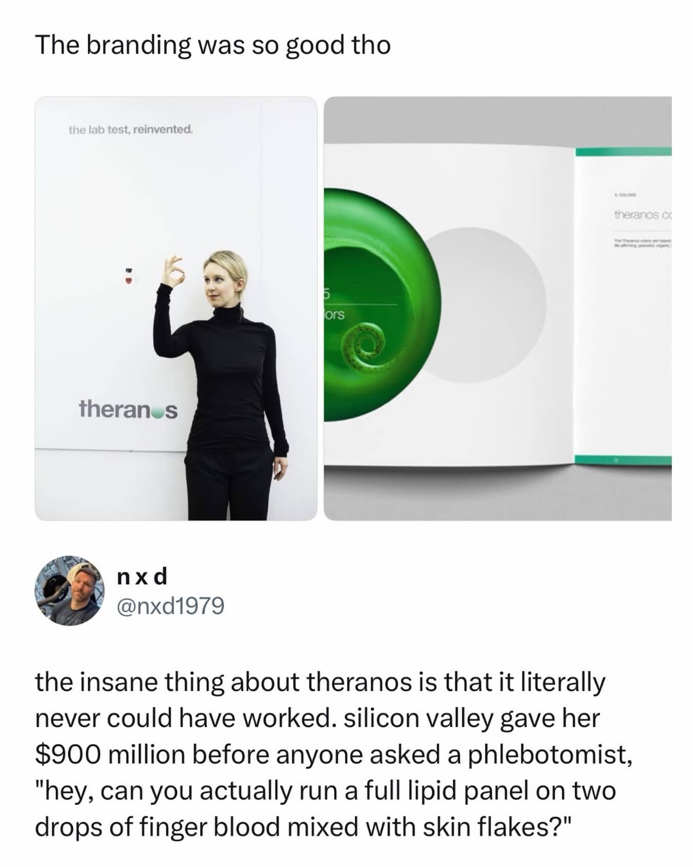 Elizabeth Holmes Theranos promotion photo above social media critique about Silicon Valley funding.