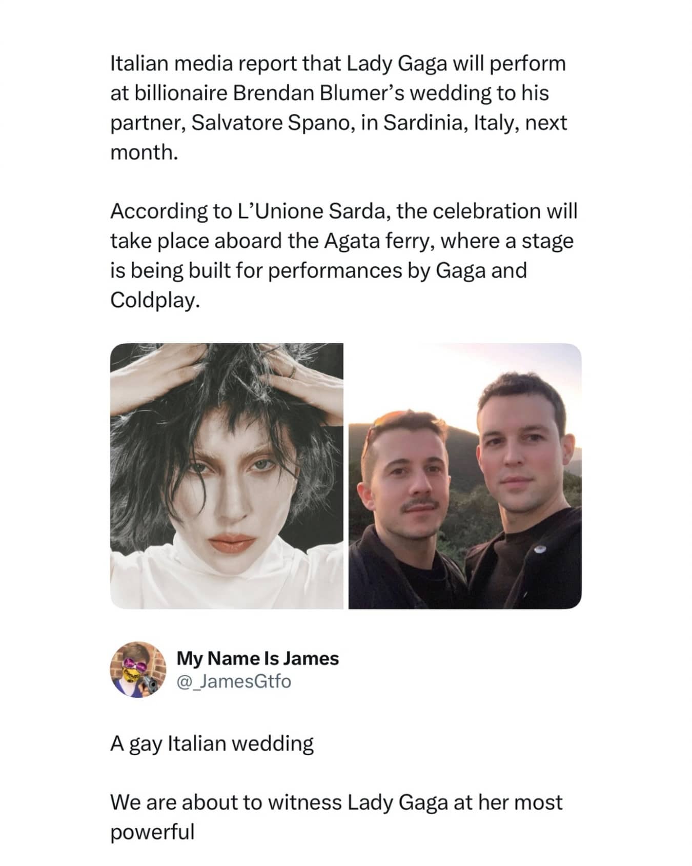 News article screenshot meme about Lady Gaga performing at a gay Italian billionaire wedding.