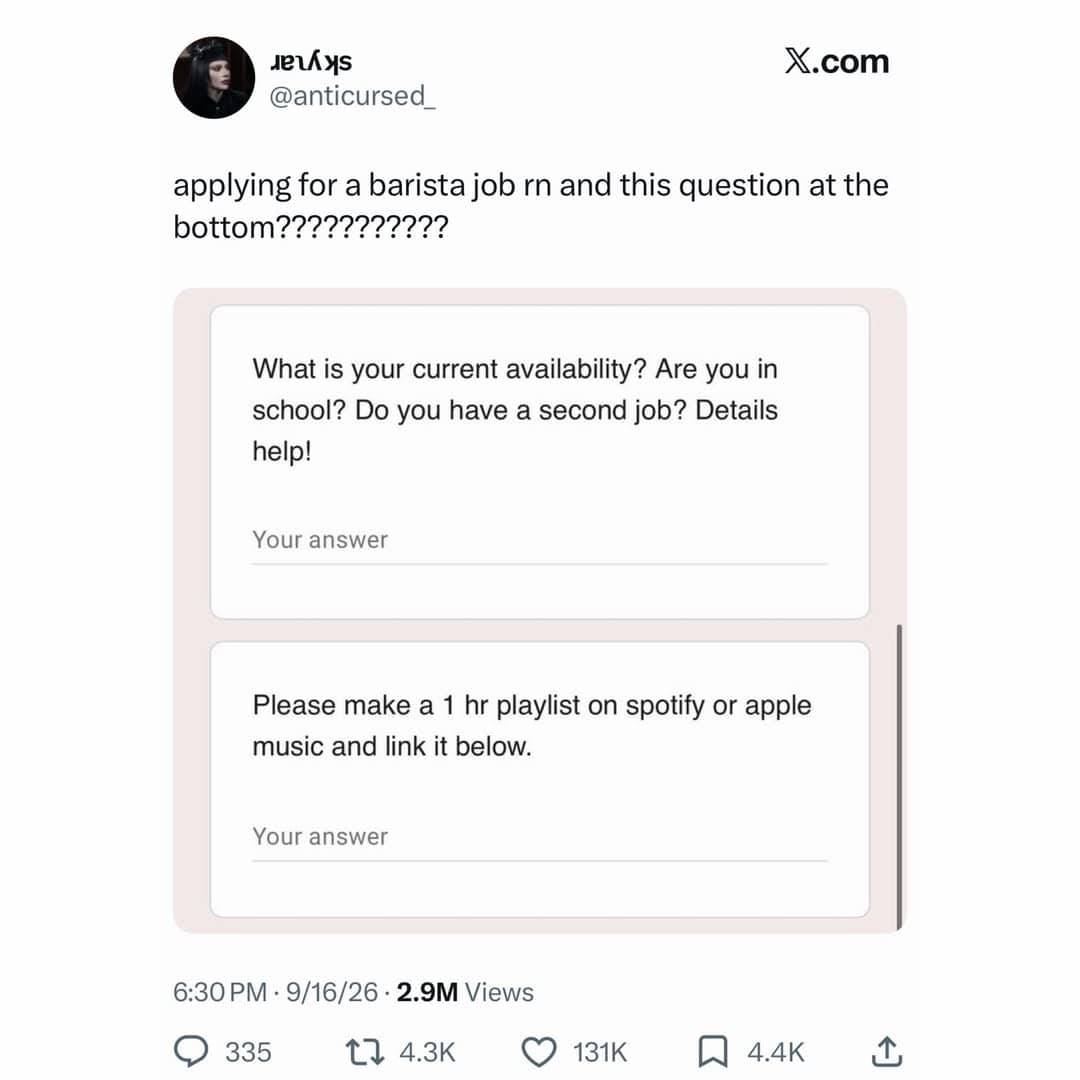 Online job application showing question asking for a one hour Spotify or Apple Music playlist.