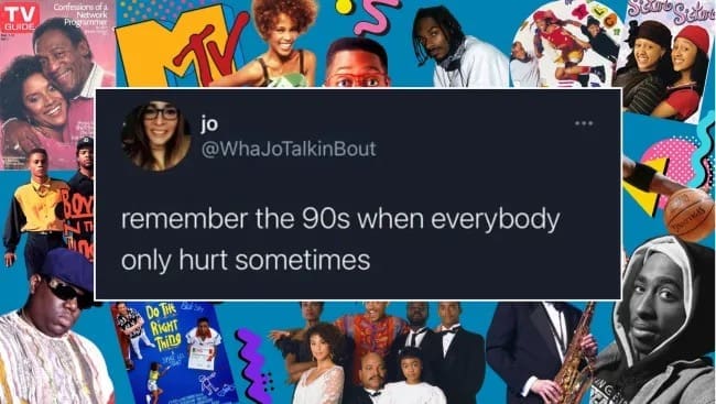 Nostalgic 90s pop culture collage with a tweet reflecting on nineties life and pop music memories.